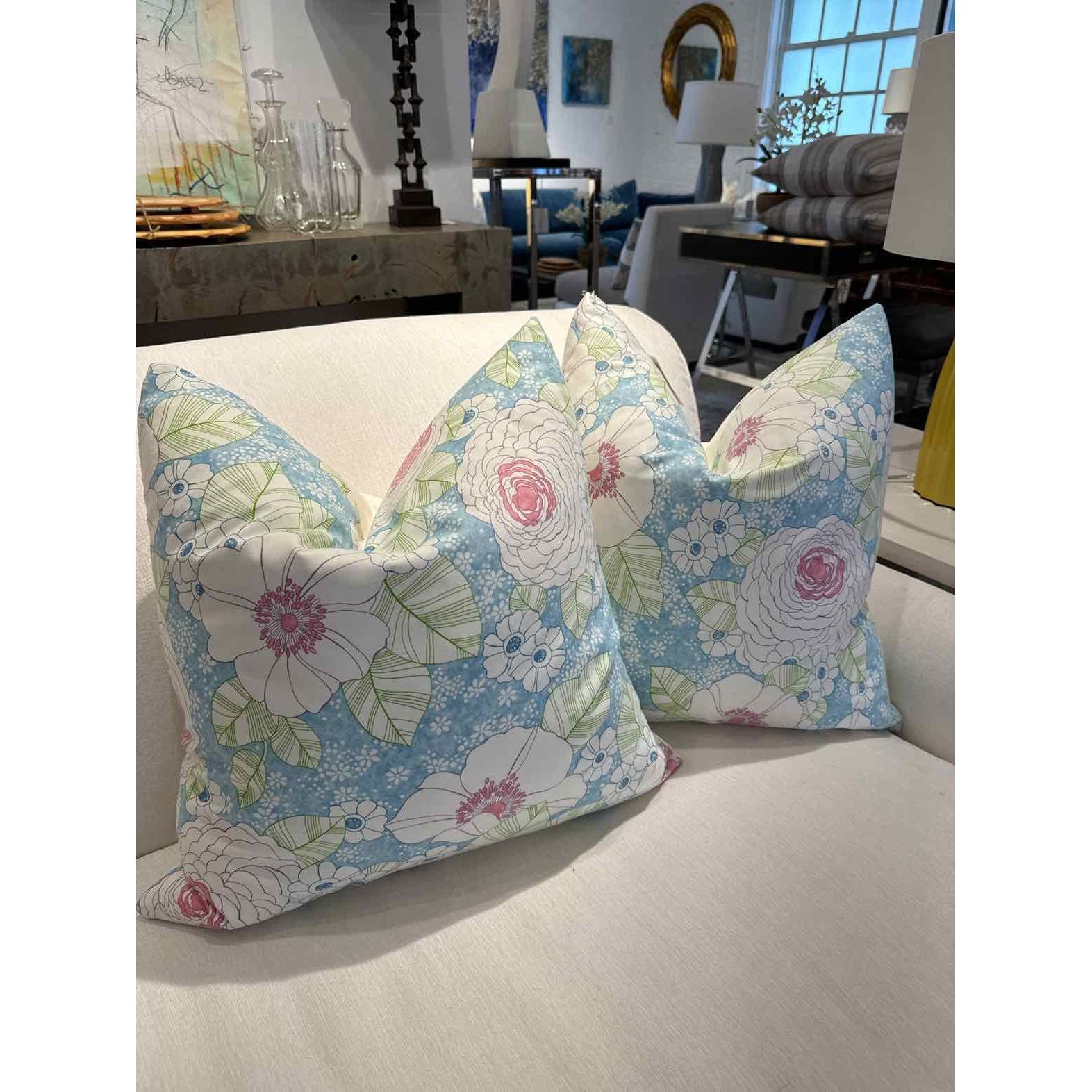 Pair of Turquoise Floral Over White Pillows 20"x20"