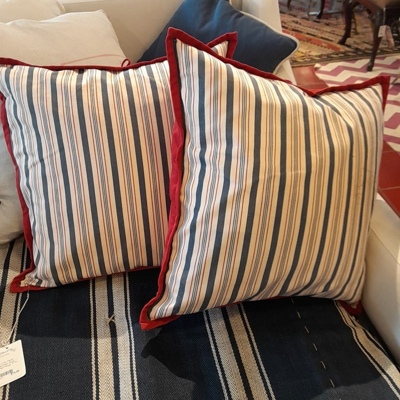 Pair of RL Pillows, Blue/Cream Stripe w/Red Flange, 21"Sq