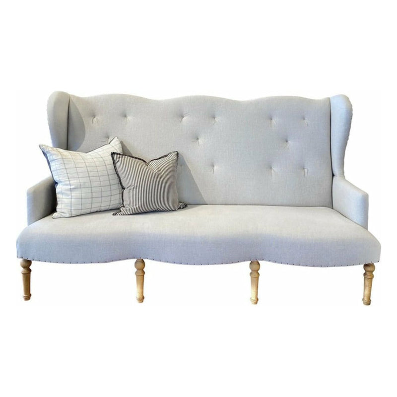 High Back Sofa w/ Light Wood Legs, Metal Tacks & Linen Lightly Tufted - colletteconsignment.com