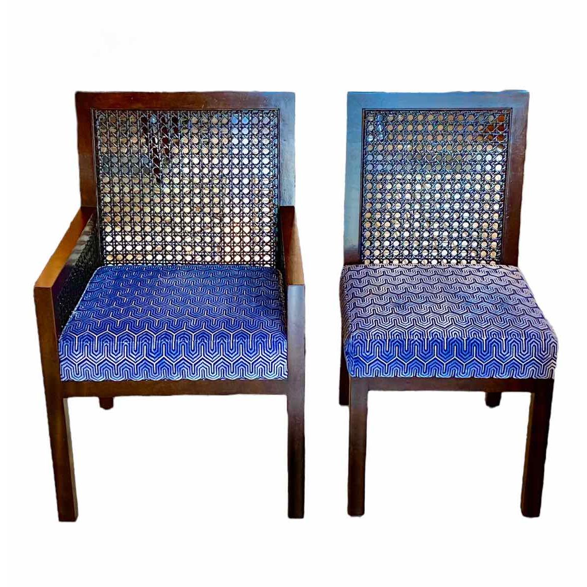 Set of 8 Cane Back Burlwood w/ Scalamandre Cushion Dining Chairs by John Widdico - colletteconsignment.com