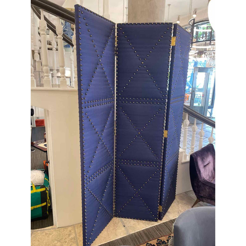 8ft High Raw Silk Screen - Three Panel - Beige/Navy Dual Sided