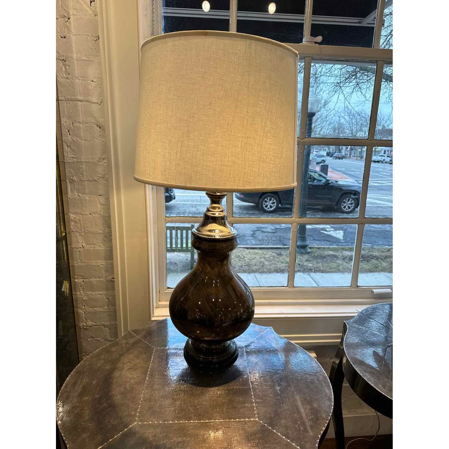 Large Mercury Glass Table Lamp w/ White Linen Shade 18"Diamx35"H