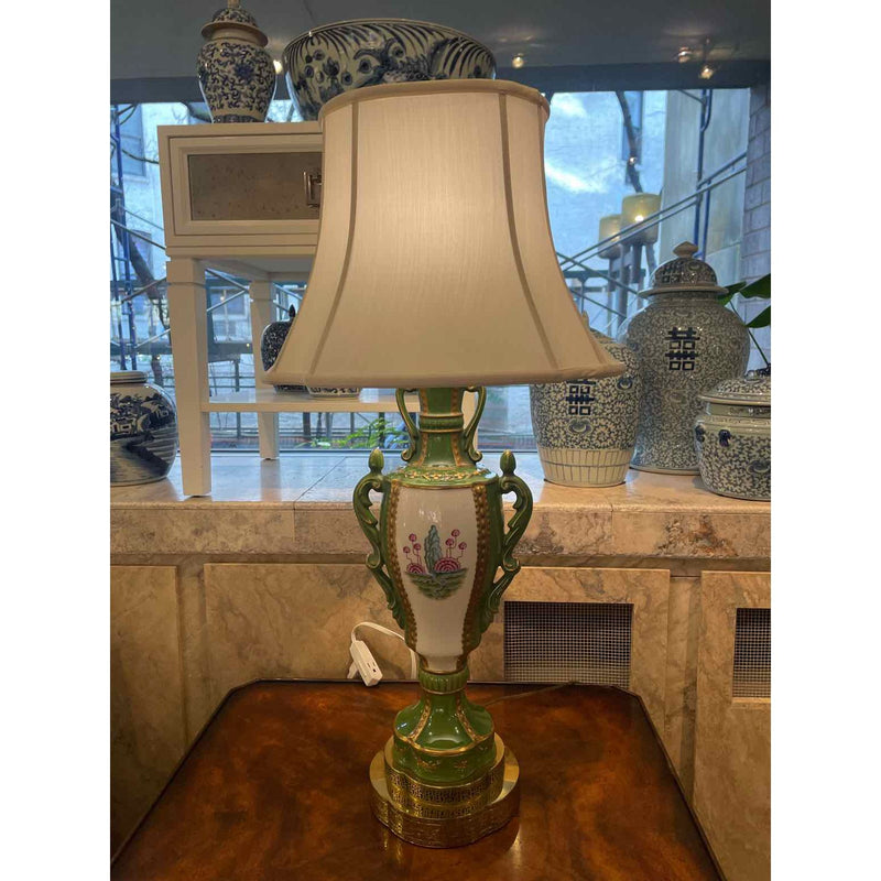 Pair of 1960's Green/Gold Handpainted Chinoiserie Lamps