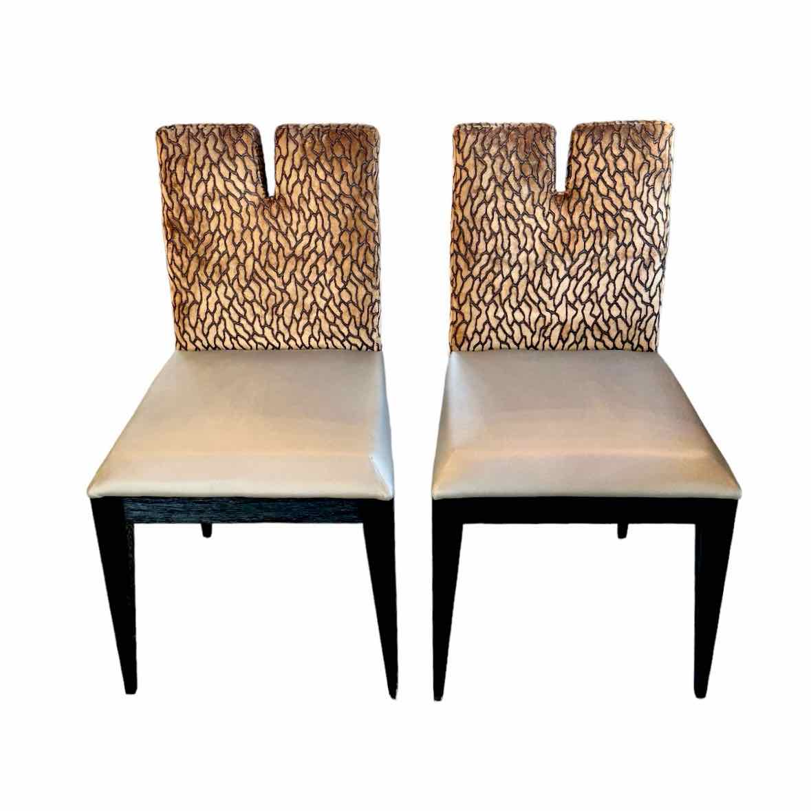 Set of 12 Custom Leather Seat w/ Upholstered Textured-Velvet Back Dining Chairs