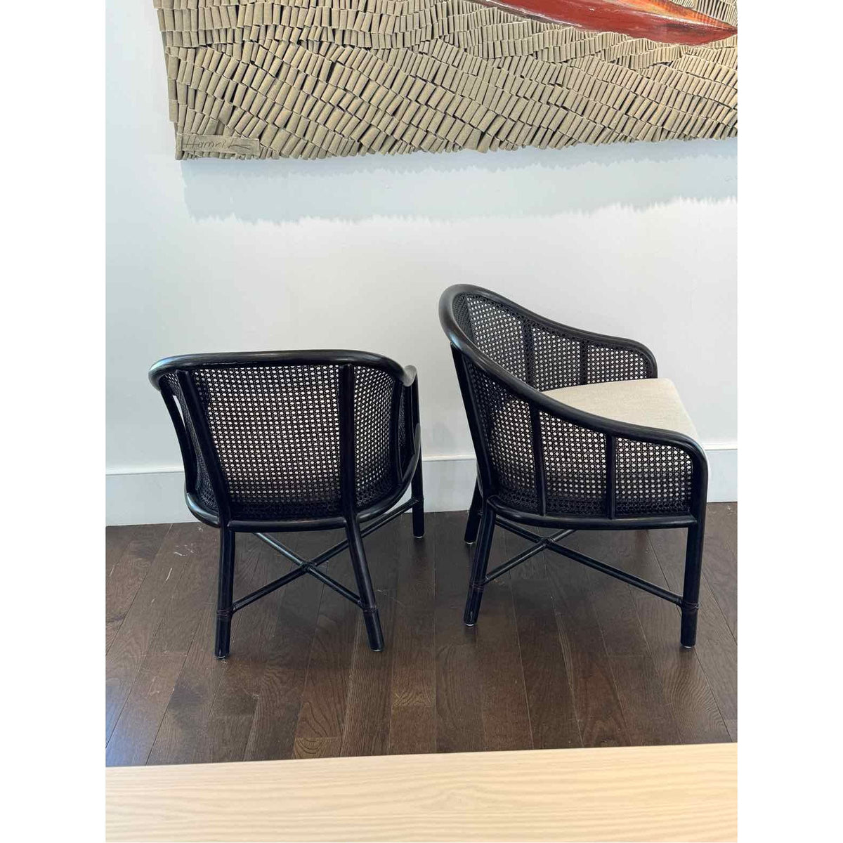 Set of 6 McGuire Caned Barrel Dining chairs Black Bamboo Frame & Lenno Ecru Cush