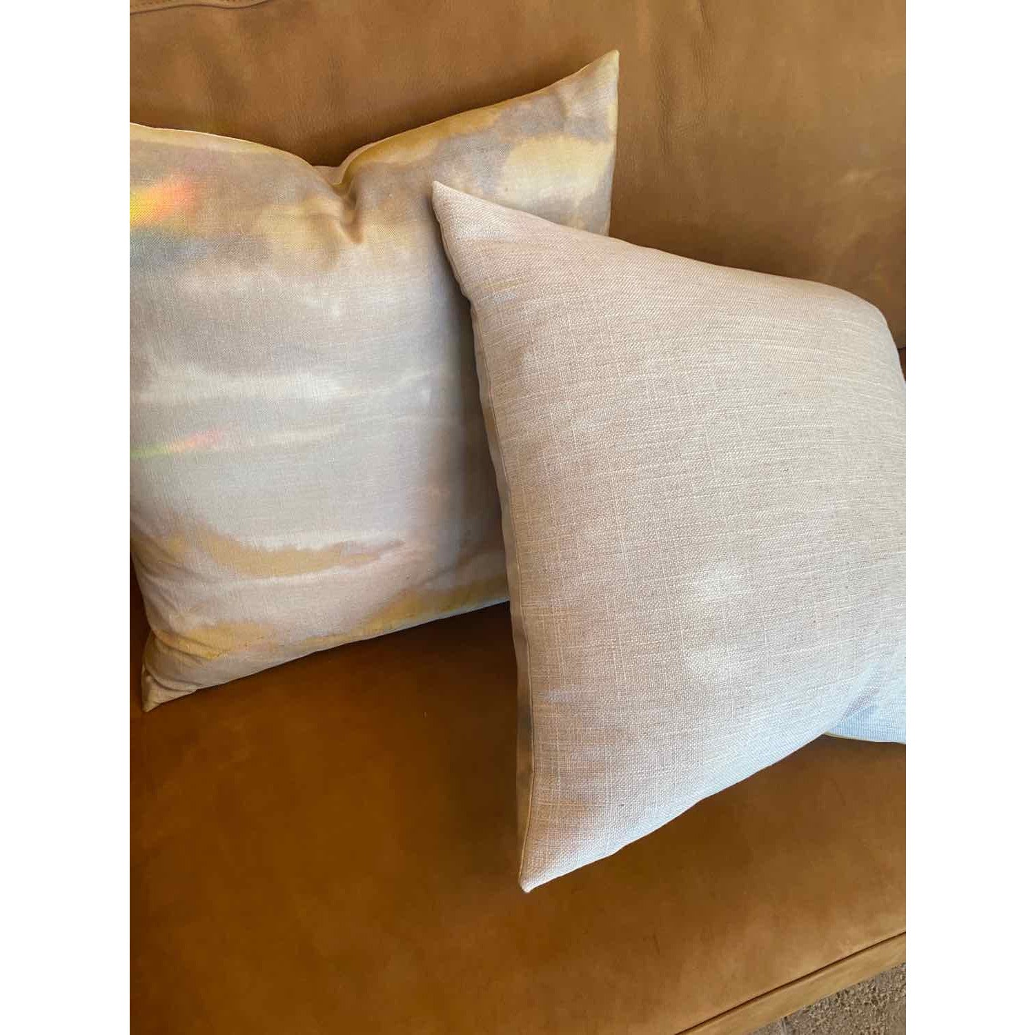Pair of Custom Biege & Yellow Linen Pillows - colletteconsignment.com