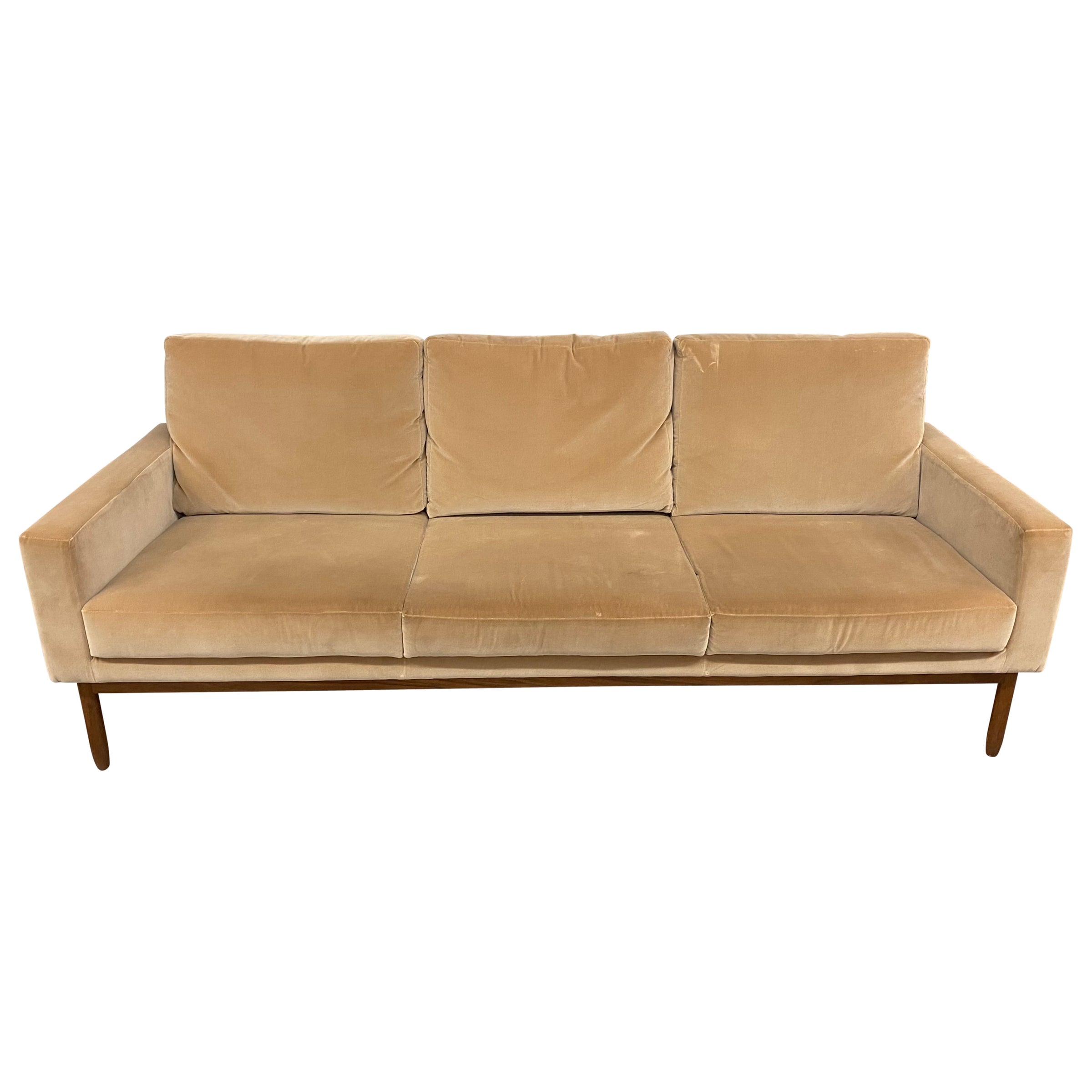 Mid-Century Caramel Velvet Sofa - colletteconsignment.com