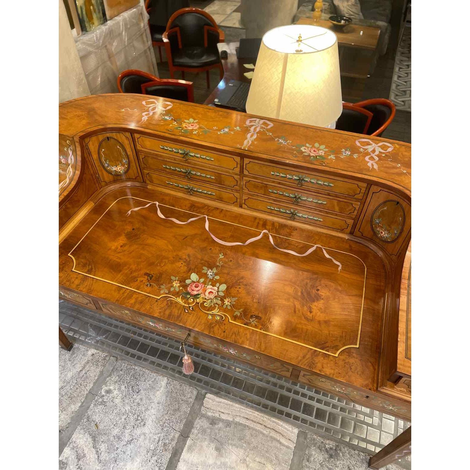 Neoclassic Curved Back  Painted  Flora Desk l w/Drawers