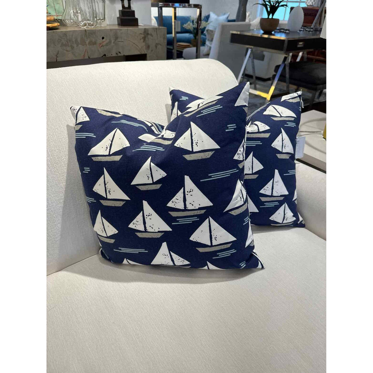 Pair of Sail Boats Over Blue Square Outdoor/Indoor Pillows 18"x18"
