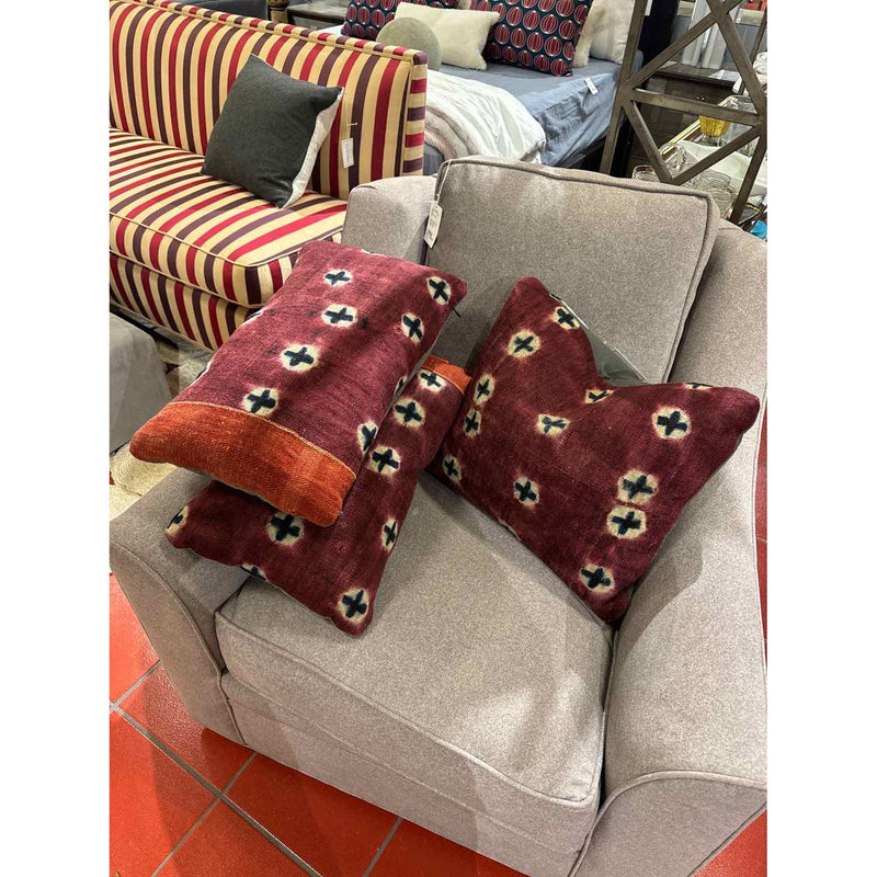 Set of 3 Red / Maroon Patterned Patchwork Pillows by Pat McGann