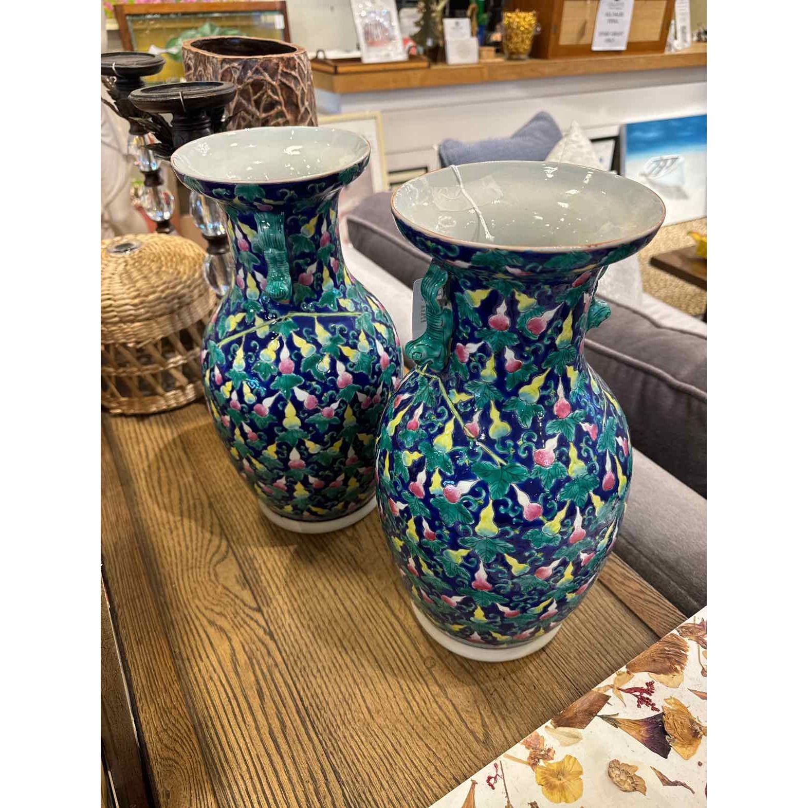Pair of Antique Chinese Vases in Blue / Aqua / Pink Glaze