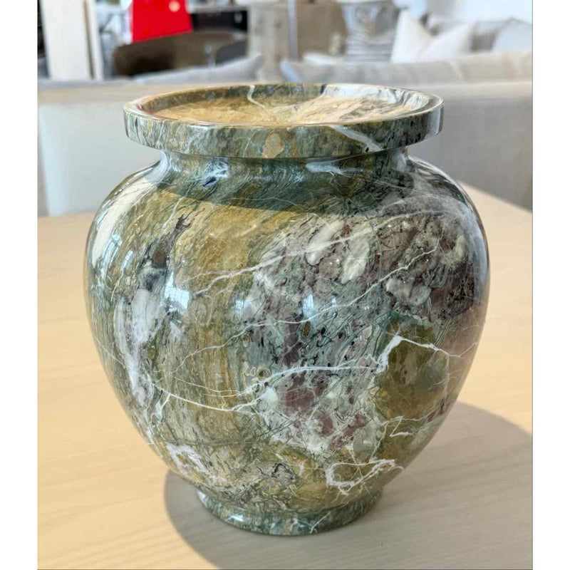 Italian Green Onyx Marble Vase 9"Diam X 9"H